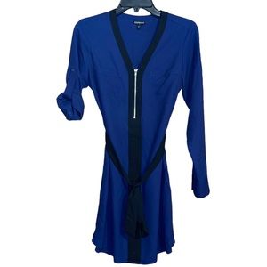 •EXPRESS•NWOT BLUE WITH BLACK TRIM V NECK ZIPPER CONVERTIBLE SLEEVE DRESS XS
